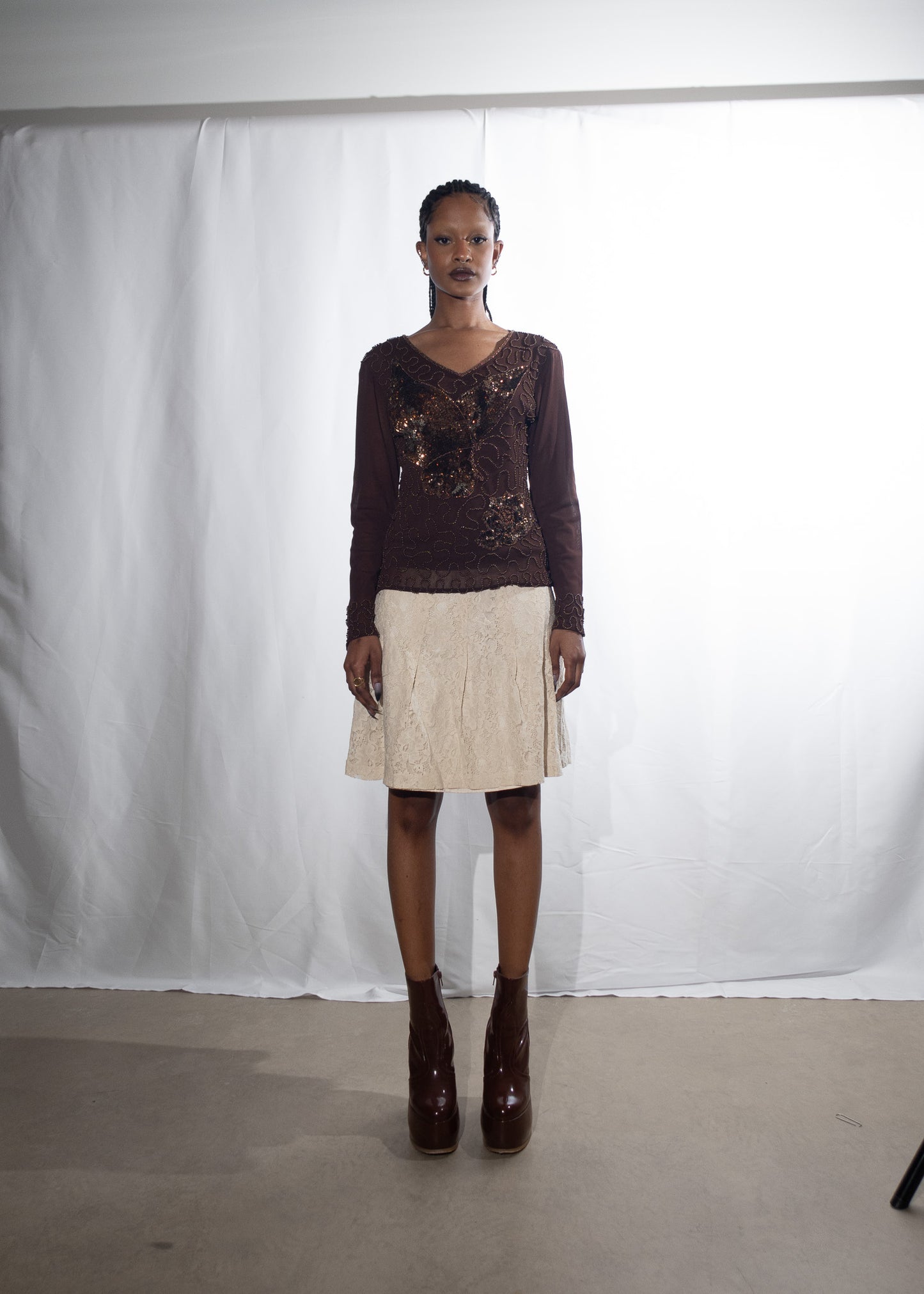 Brown Long Sleeve Bedazzled Top