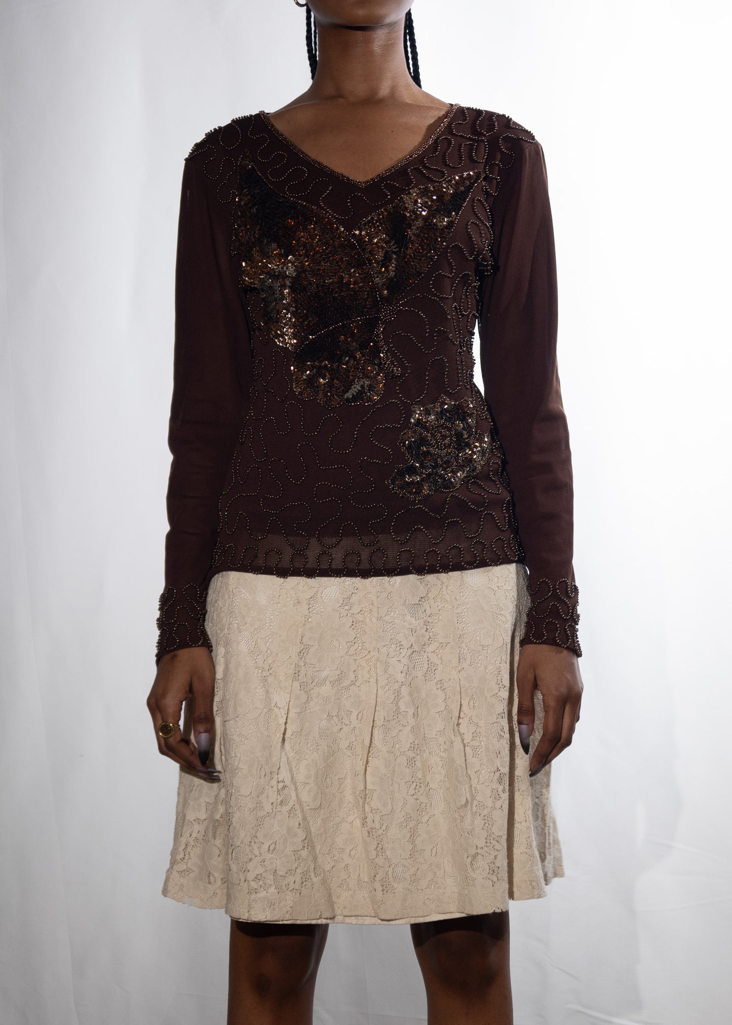 Brown Long Sleeve Bedazzled Top