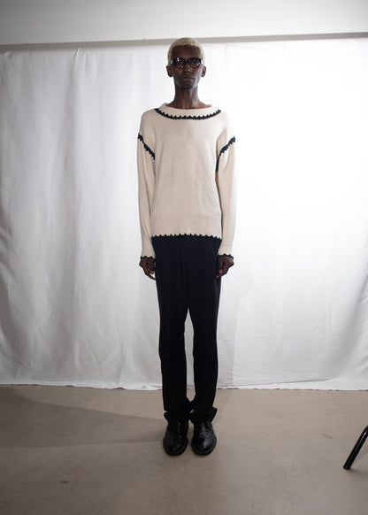 White Cotton Sweater with Black Details